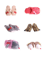 Photo of a set of women's slippers on a white background. Sandals. Summer shoes.