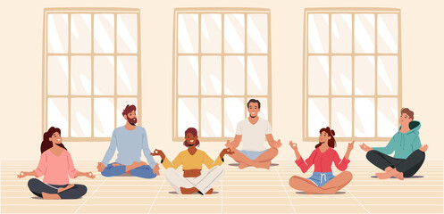 Yogi Men and Women Meditate in Large Hall, Sitting in Lotus Posture. Male and Female Characters in Yoga Sport Class
