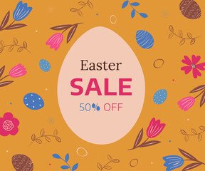 Easter banner, poster, leaflet. Stylish design with typography, eggs, flowers, branches, leaves in warm colors.