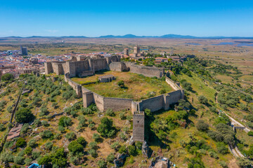Aerial view of castle in Spanish town Trujillo.