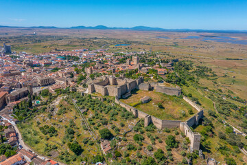 Aerial view of castle in Spanish town Trujillo.