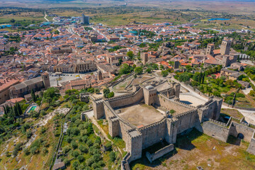 Aerial view of castle in Spanish town Trujillo.