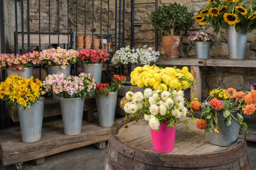 Fototapeta na wymiar Outdoor showcase of a flower shop in Europe