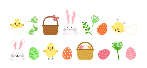 Easter vector cute set, cartoon rabbit and egg hunt, spring basket, chick with shell, happy bunny isolated on white background. Holiday illustration