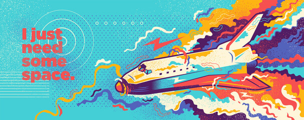 Abstract lifestyle graffiti design with space shuttle and colorful splashing shapes. Vector illustration.