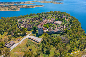 Aerial view of Granadilla fortified village in Spain.