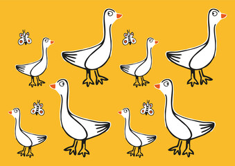 Drawing of duck and ducklings on yellow background, hand drawing, spring motive