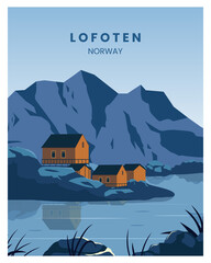 lofoten Norway landscape background.Bay view with buildings vector illustration. suitable for poster, postcard, art print. - obrazy, fototapety, plakaty