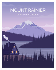 Mount-Rainier-Nationalpark-Landschaftsillustrationshintergrund. geeignet für Plakatgestaltung, Reiseplakat, Postkarte, Kunstdruck.