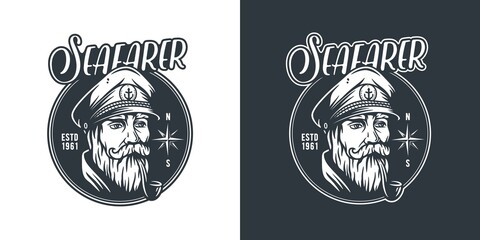 Ocean nautical captain emblem. Marine sea farer logo. Sailor man print