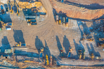Overhead view of mining vehicles at Minas de Riotinto in Spain.