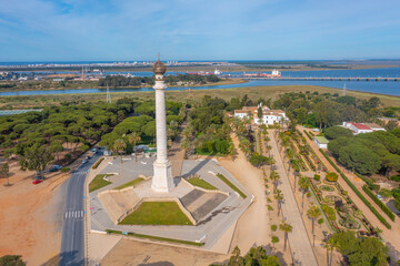 Aerial view of the Monumento a los Descubridores at La Rabida near Huelva, Spain.