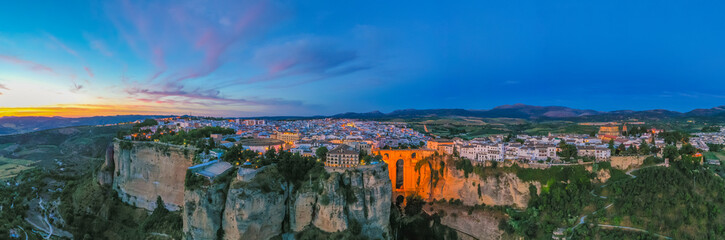 Sunset aerial view of Spanish town Ronda.