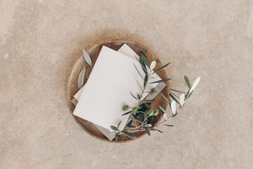 Summer wedding stationery mock-ups. Blank greeting cards, craft envelope with olive fruit, branch....