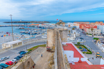 Aerial view of port in Tarifa, Spain.