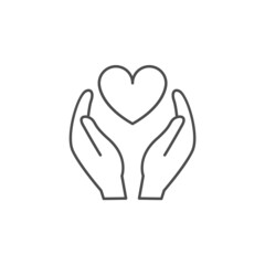 Hands hold heart care line icon. Save life health patient human vector outline symbol