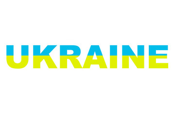 Inscription " Ukraine" from the yellow-blue Ukrainian national flag on a white isolated background