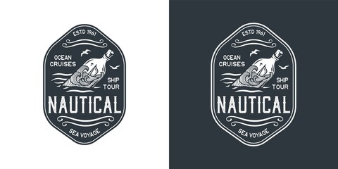 Marine boat inside the bottle on the ocean waves. Nautical wanderlust travel adventure print illustration