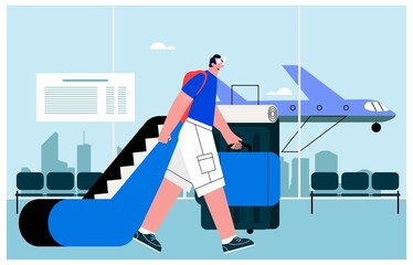  Traveling young man at the airport terminal with suitcase flat vector illustration. Travel and vacation, business trip concept. Male traveler at departure terminal
