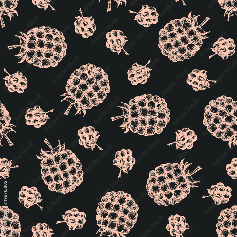 Poster seamless pattern with raspberries in a graphic style on a dark background.