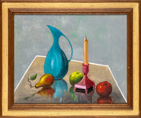 Framed vintage still life oil painting with water jug, a pear, apples, and a candle.
