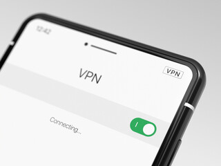 Fototapeta premium Black smartphone with VPN enabled, close-up. Modern cell phone with VPN, on a light background. Using a VPN on a smartphone. Selected focus