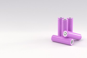 5 pink cylindrical batteries on a light gray background. Storage battery or secondary cell. Rechargeable li-ion batteries for electrical appliances and devices. Copy space