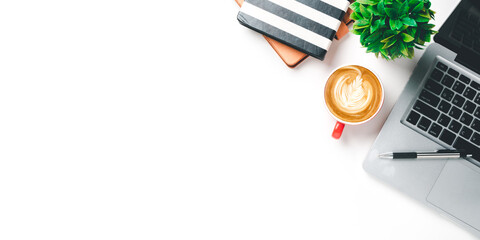 Office desk with computer, Pen, mouse, notebook, Cup of coffee on white background, Top view with...