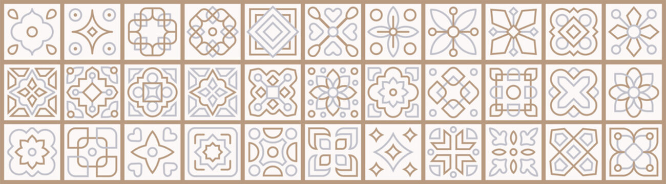 Set of patchwork from Moroccan and Arabic ornate tiles. Collection geometric retro east motif tiles pattern vector illustration