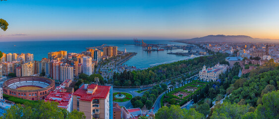 Sunset aerial view of the corrida building in the spanish city malaga