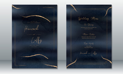 Golden wedding invitation card template luxury design with dark blue background