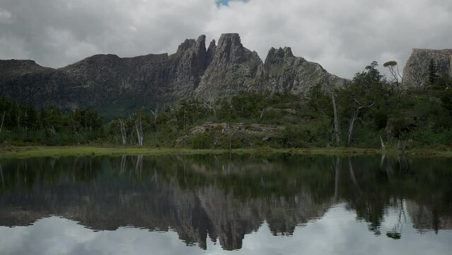 a cloudy summer afternoon clip of mt geryon and the pool of memories at the labyrinth in cradle mountain-lake st clair national park of tasmania, australia