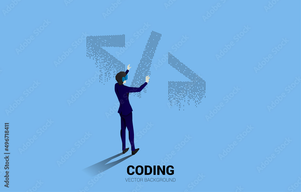 Poster silhouette man wear vr glasses software development programming tag with pixel style. concept of dig
