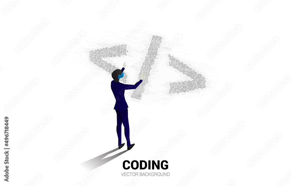 Fototapete Silhouette man wear VR glasses software development programming tag with one and zero digit matrix style. Concept of digital virtual reality technology and AR .