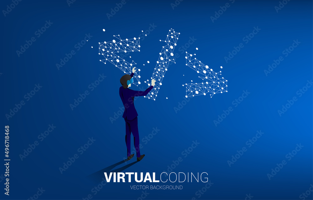 Aufkleber Silhouette man wear VR glasses software development programming tag with polygon dot connect line. Concept of digital virtual reality technology and AR .