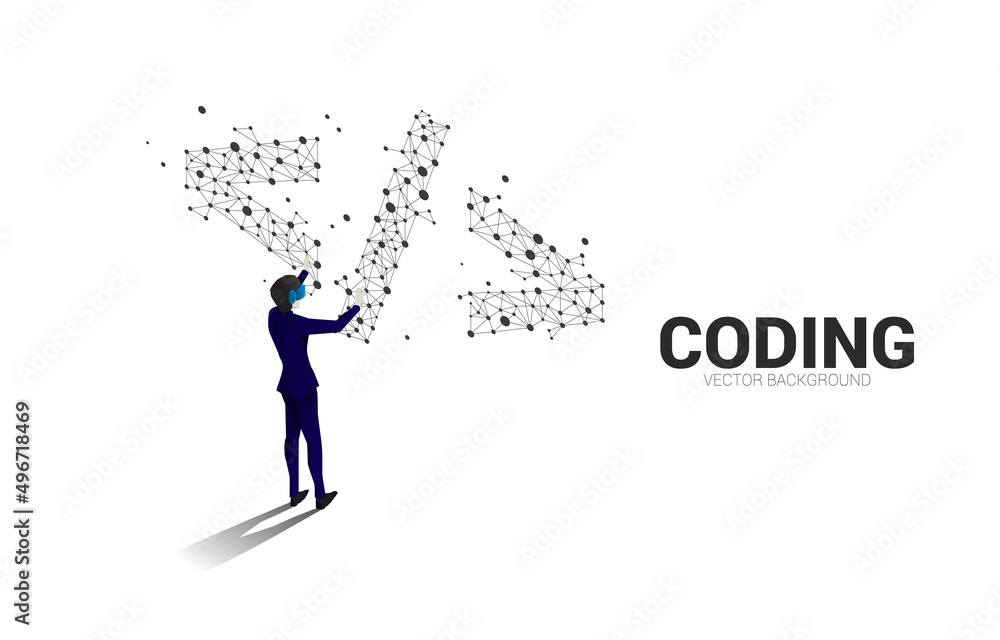 Poster Silhouette man wear VR glasses software development programming tag with polygon dot connect line. Concept of digital virtual reality technology and AR .