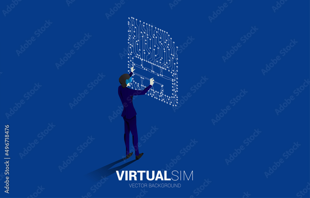 Poster silhouette man wear vr glasses and dot connect line shaped sim card icon. concept for mobile sim car