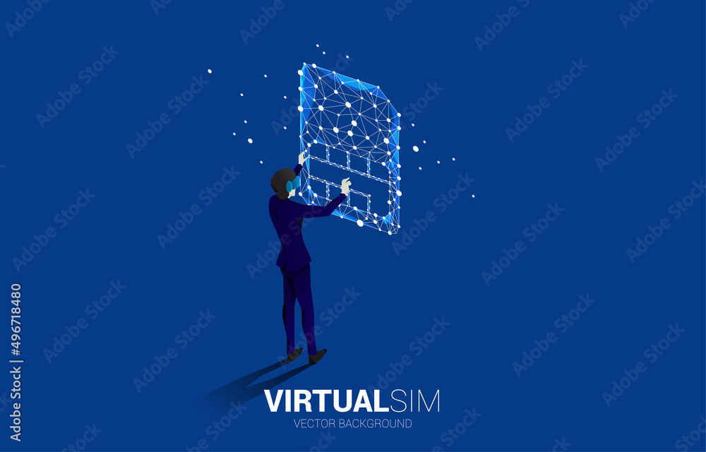 Poster silhouette man wear vr glasses and dot connect line shaped sim card icon. concept for mobile sim car