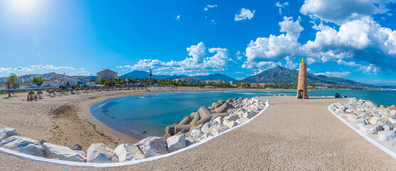 Puerto Banus beach at Marbella, Spain - obrazy, fototapety, plakaty