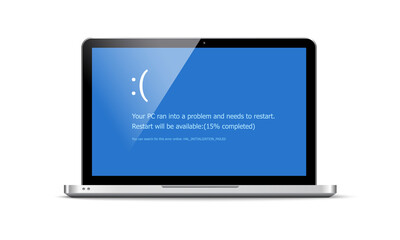 BSOD screen death error system crash laptop. Computer bluescreen bsod operating system alert