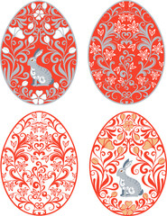 Four patterned Easter eggs. Floral ornament with a rabbit for Easter eggs.