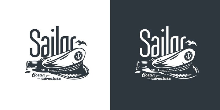 Ocean explorer sailor logo. Marine skipper cap or captain hat. Nautical wanderlust and adventure illustration