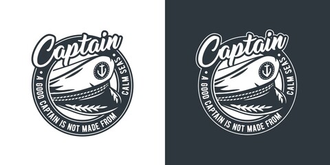 Ocean captain sailor helm logo. Marine skipper cap or captain hat. Nautical wanderlust and adventure illustration - obrazy, fototapety, plakaty