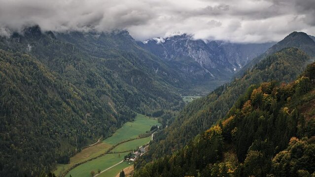 Logar Valley. View on cloudy October mountain valley from above. Logarska Dolina, Slovenia