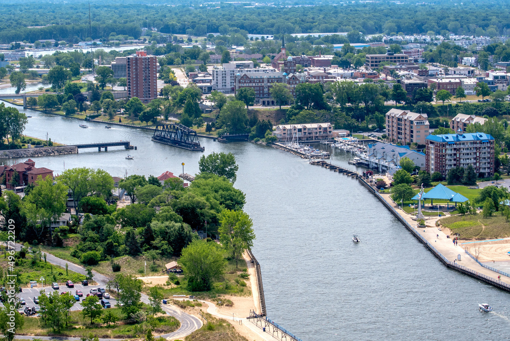 Wall mural ariel view over st joseph michigan in the usa, with the st joseph river flowing into lake michigan