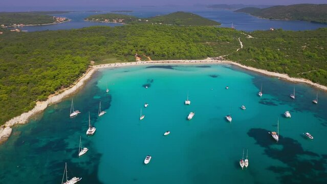 Boats anchoring in a bay. 4K drone shot