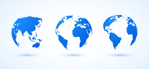 Globe earth world vector map. 3d blue transparent digital planet round globe icon set