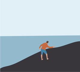 Obraz premium Man standing on beach and playing throwing a pebble stones into water. Cartoon flat vector illustration.