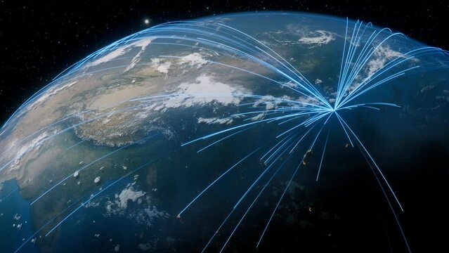 Earth in Space. Blue Lines connect Cheju South, Korea with Cities across the World. Global Travel or Communication Concept.