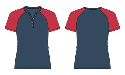 Two tone Red, Navy blue Color Raglan Short sleeve T shirt Technical Fashion flat sketch vector illustration template front and back views. Apparel Design Mock up Cad.